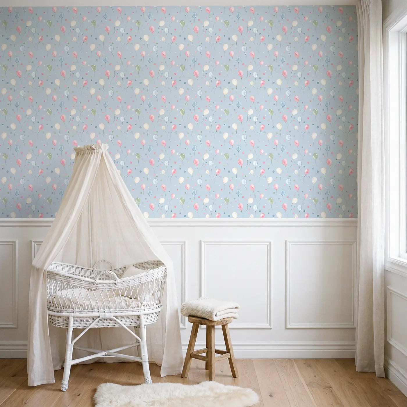 Miniature Balloon Scatter Watercolor wallpaper above wainscoting - Whimsy Tots