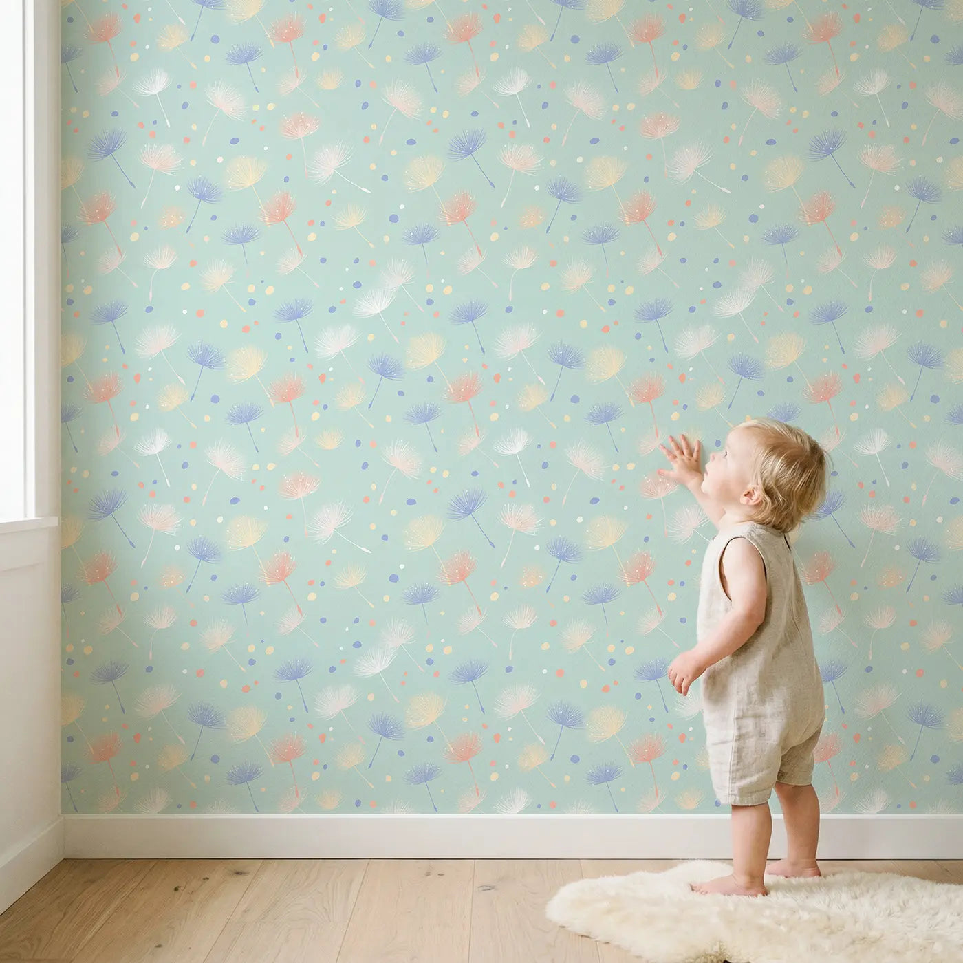 Dandelion Seeds Soft Pastel wallpaper in styled kids room - Whimsy Tots