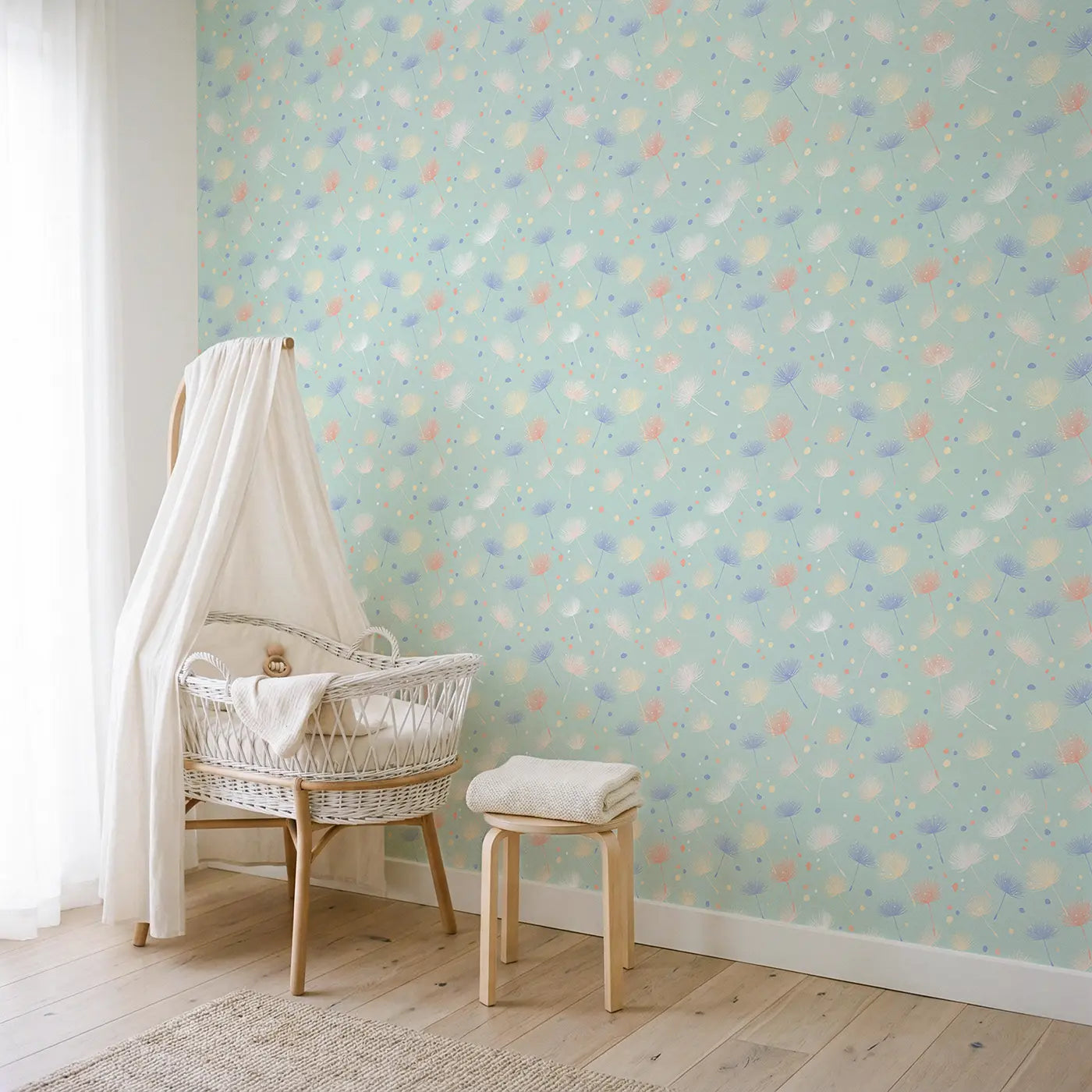 Dandelion Seeds Soft Pastel wallpaper in Scandinavian nursery - Whimsy Tots