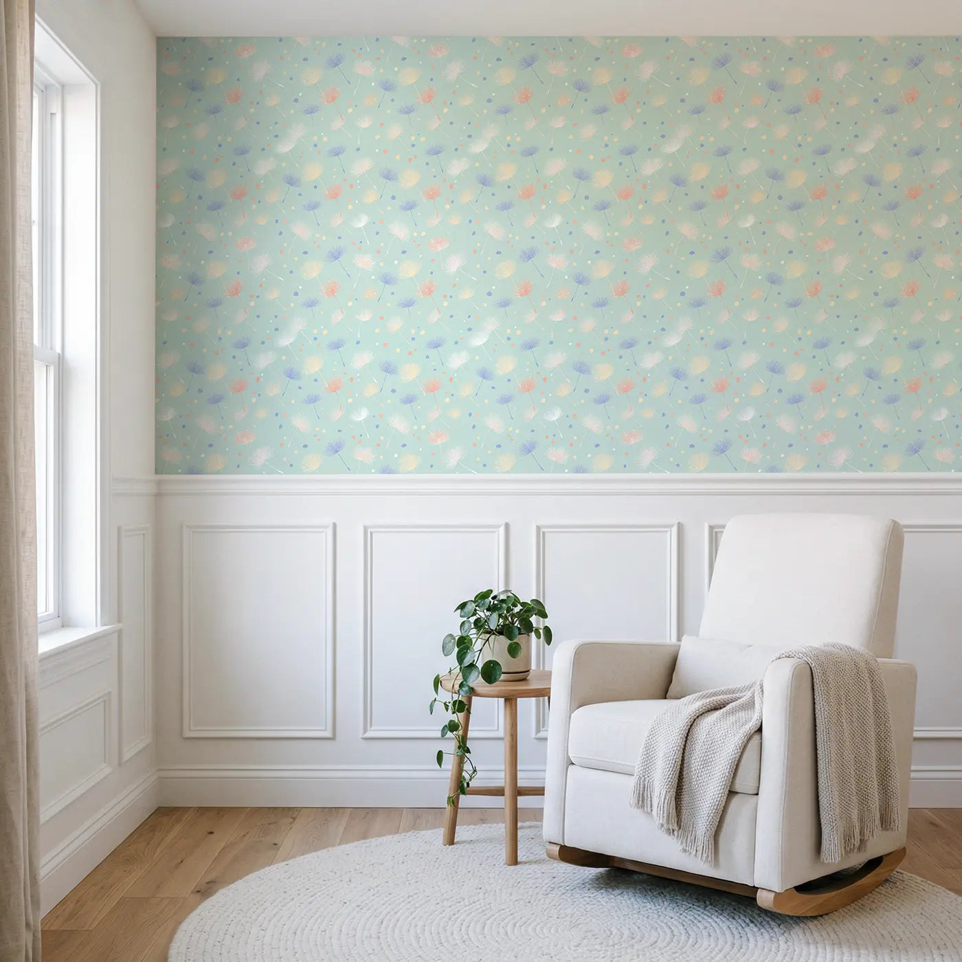 Dandelion Seeds Soft Pastel wallpaper above wainscoting - Whimsy Tots