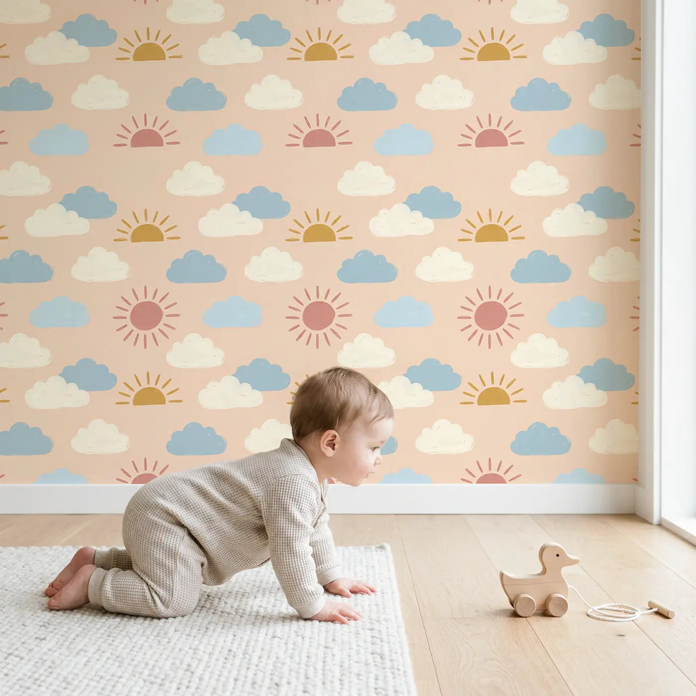 Scattered Cotton-Ball Clouds Modern Illustration wallpaper in styled kids room - Whimsy Tots