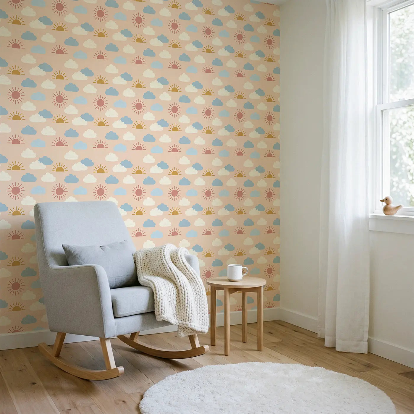 Scattered Cotton-Ball Clouds Modern Illustration wallpaper in Scandinavian nursery - Whimsy Tots