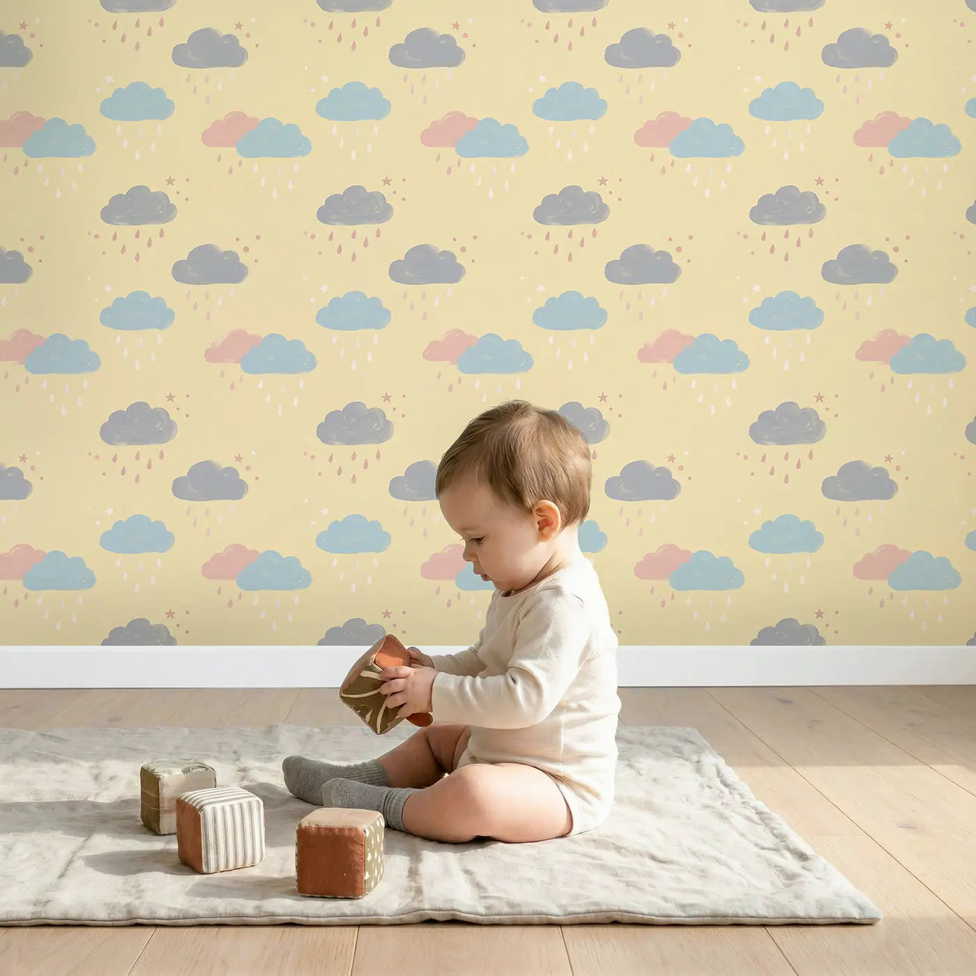 Rain Clouds Gentle Modern Illustration wallpaper in styled kids room - Whimsy Tots