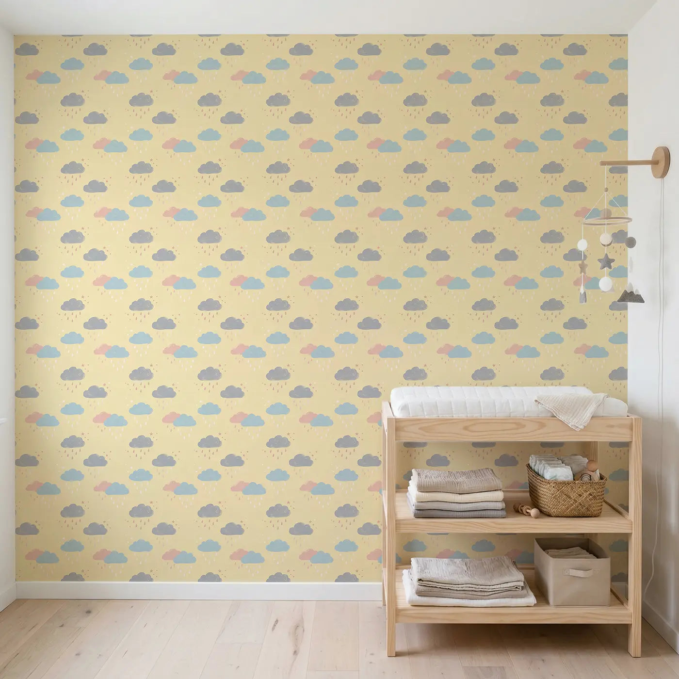 Rain Clouds Gentle Modern Illustration wallpaper in Scandinavian nursery - Whimsy Tots