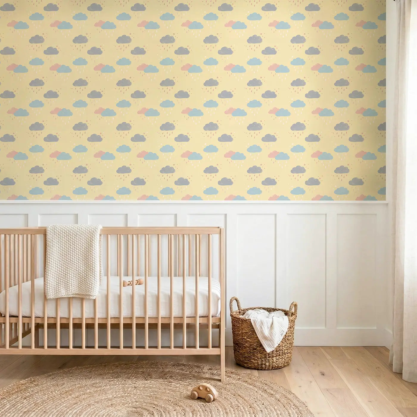 Rain Clouds Gentle Modern Illustration wallpaper above wainscoting - Whimsy Tots