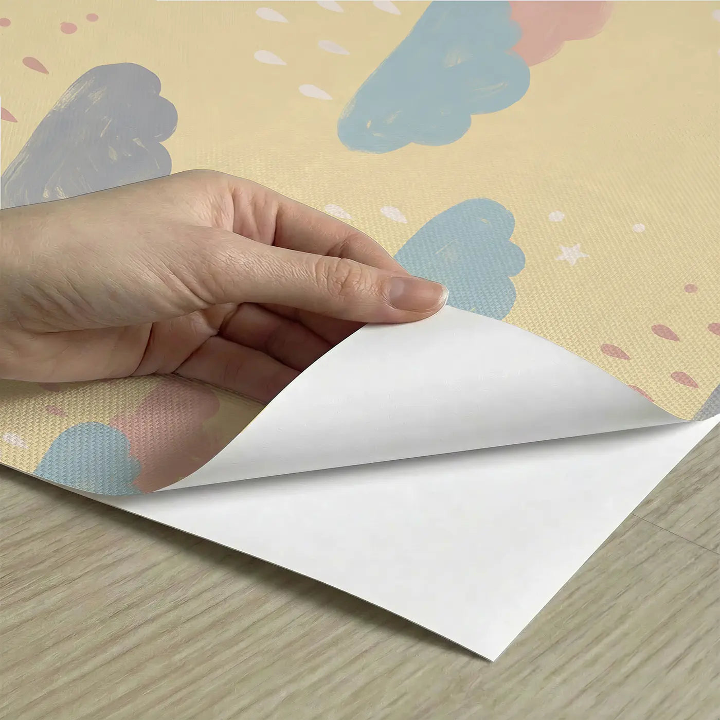 Rain Clouds Gentle Modern Illustration peel and stick material close-up - Whimsy Tots