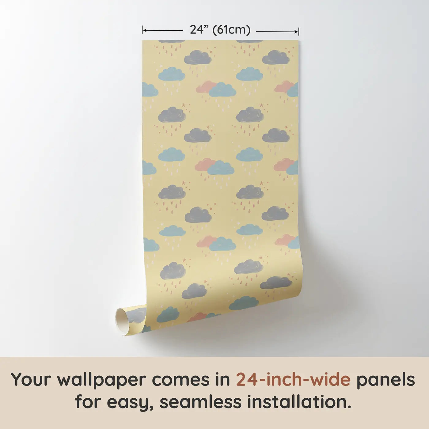 Rain Clouds Gentle Modern Illustration wallpaper panel dimensions - Whimsy Tots
