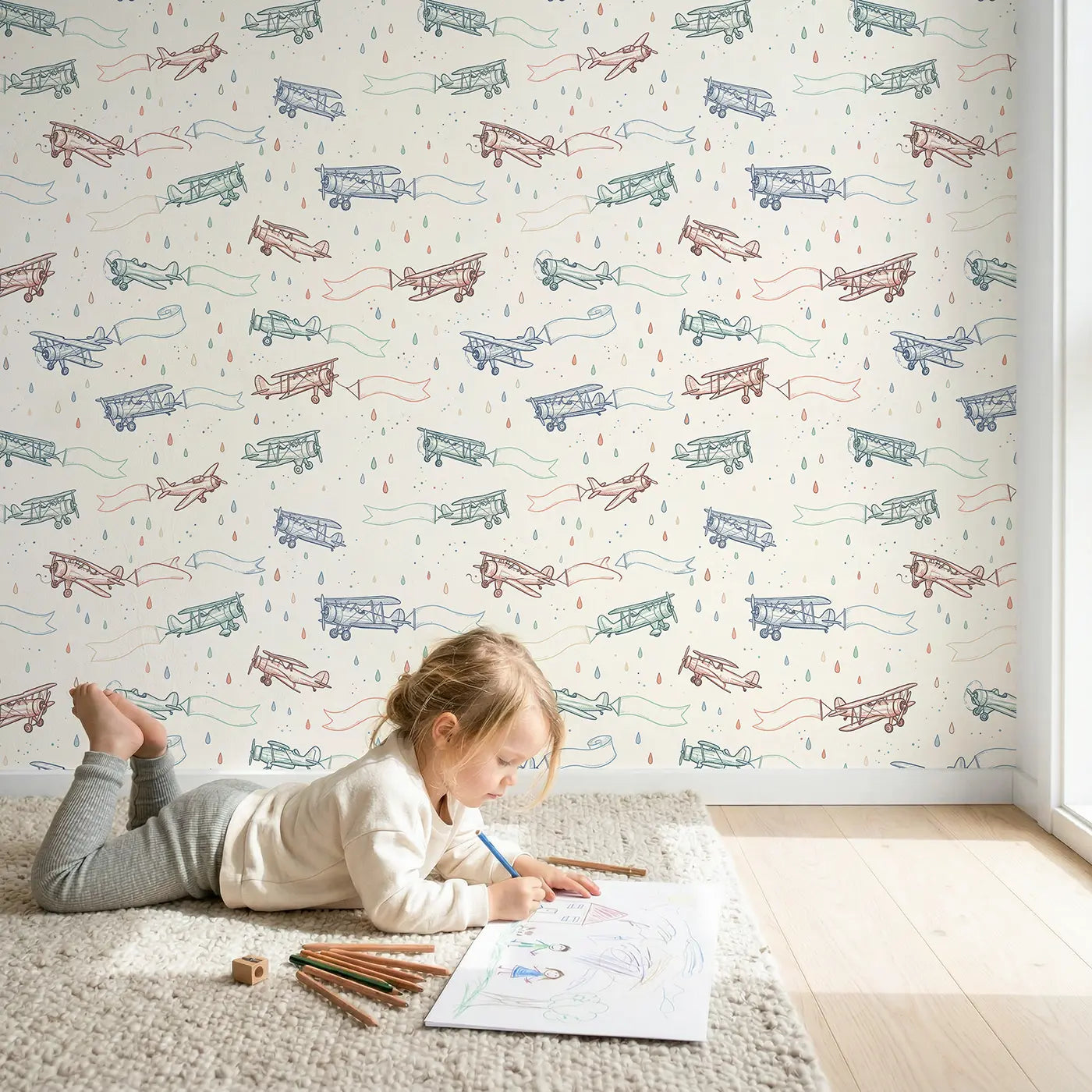 Propeller Planes Hand-Drawn wallpaper in styled kids room - Whimsy Tots