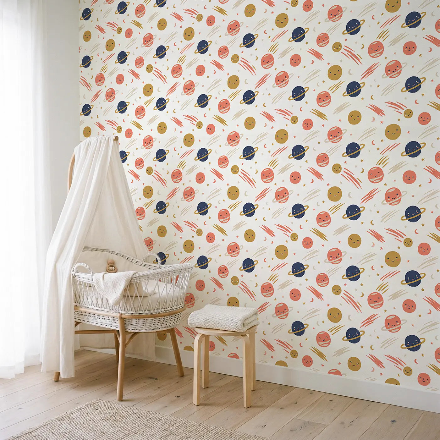 Friendly Planet Modern Illustration wallpaper in Scandinavian nursery - Whimsy Tots