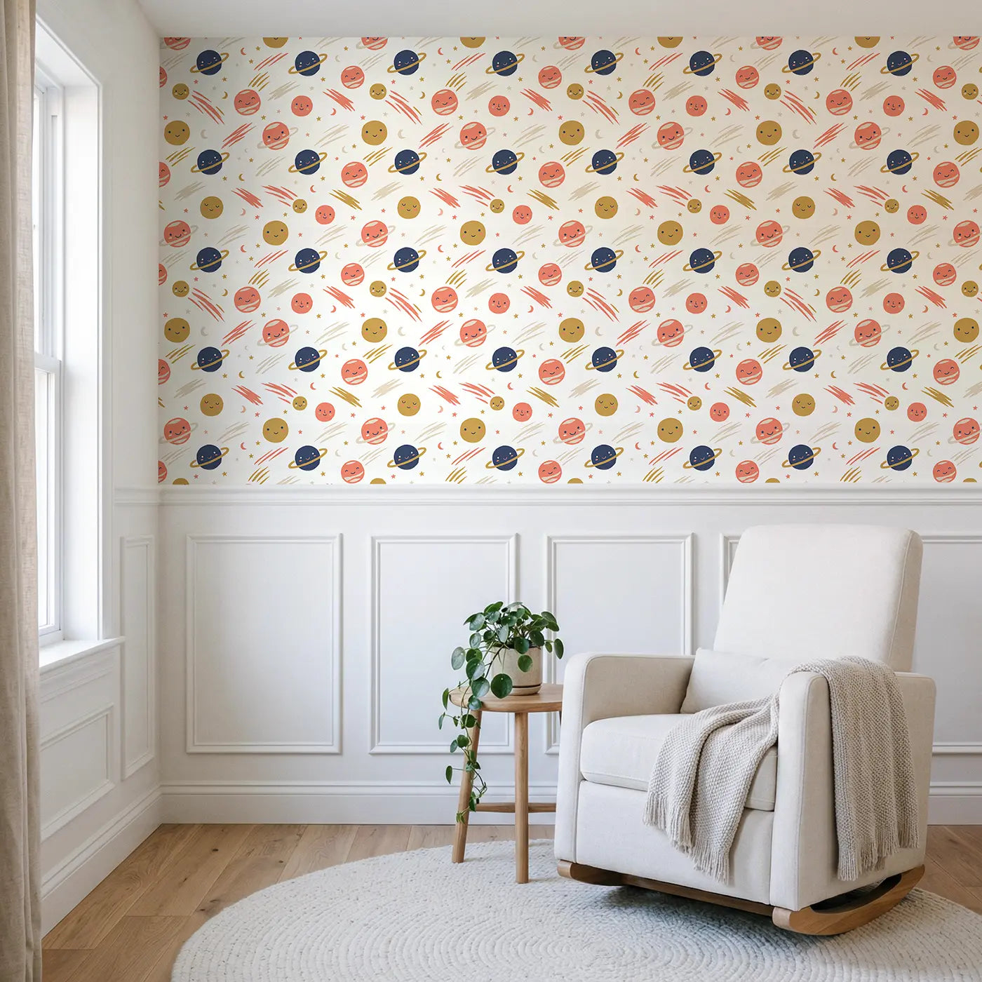 Friendly Planet Modern Illustration wallpaper above wainscoting - Whimsy Tots