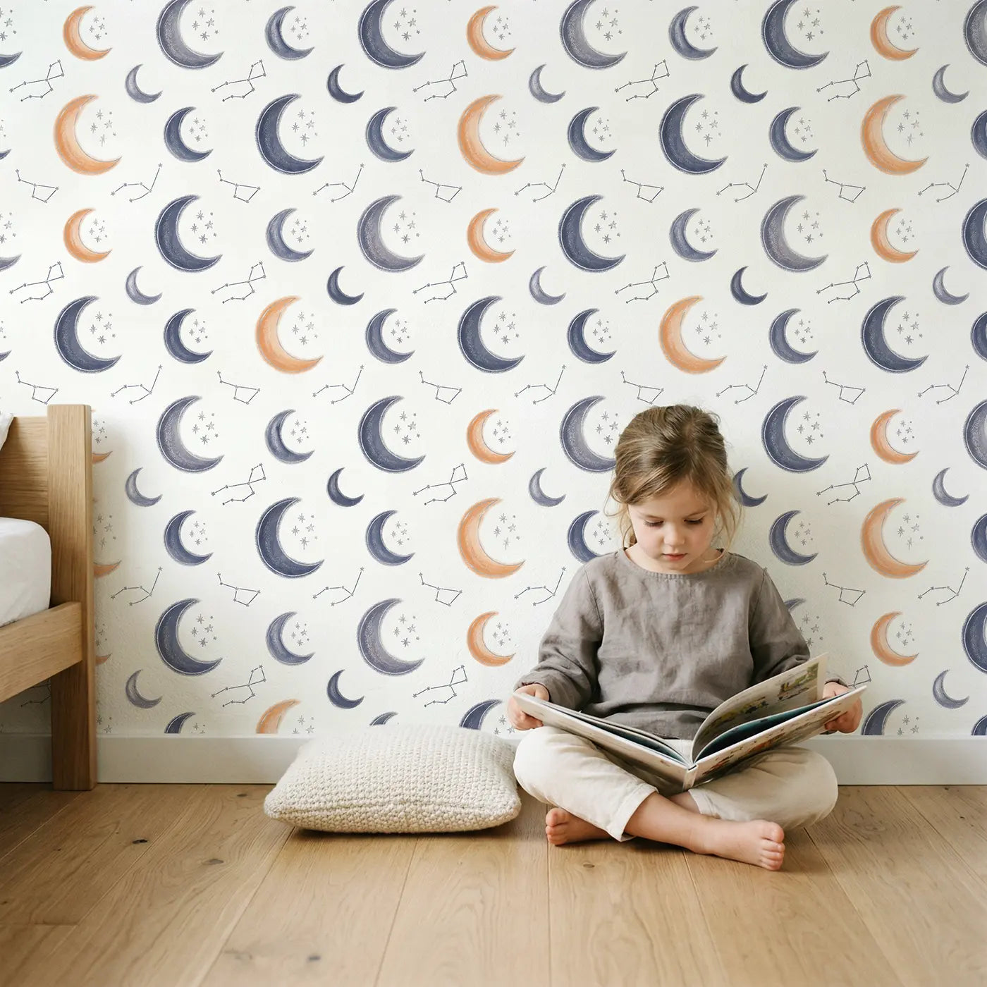 Crescent Moons Star Soft Pastel II wallpaper in styled kids room - Whimsy Tots