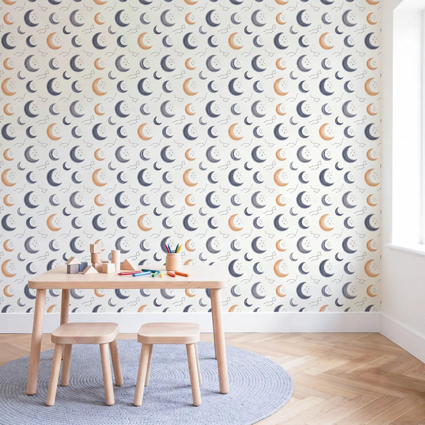 Crescent Moons Star Soft Pastel II wallpaper in Scandinavian nursery - Whimsy Tots