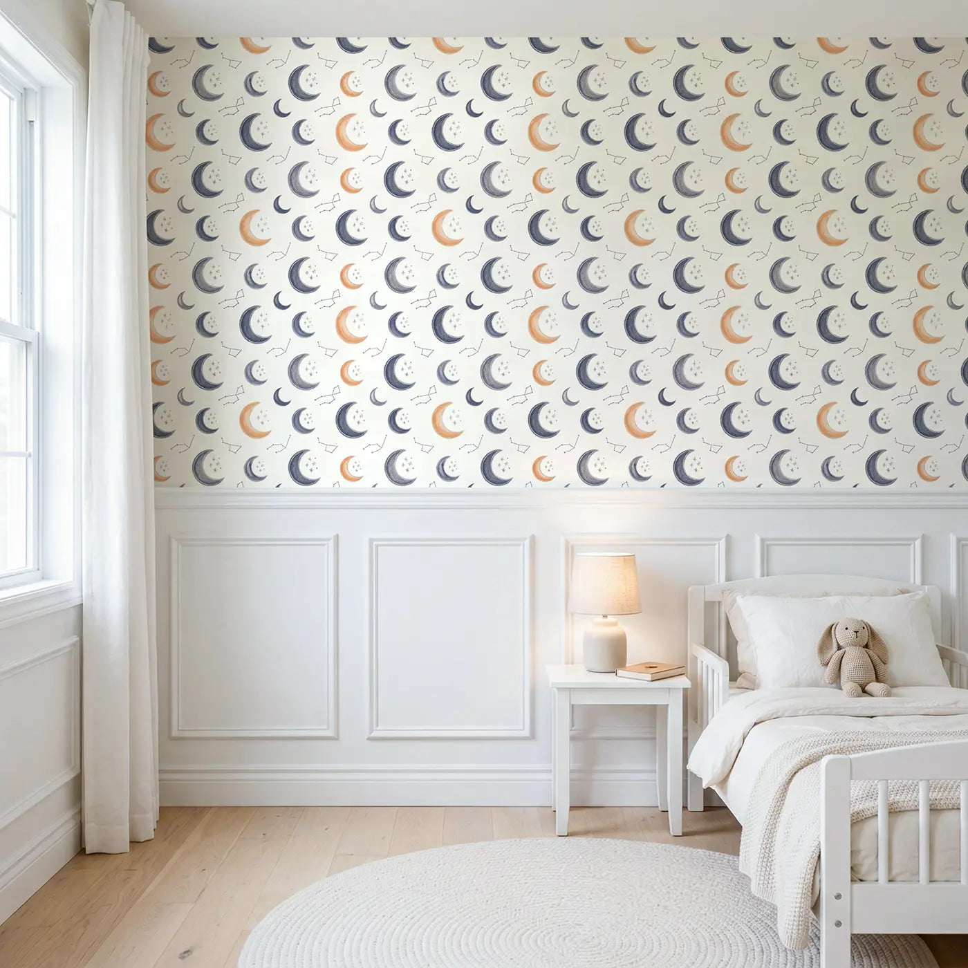 Crescent Moons Star Soft Pastel II wallpaper above wainscoting - Whimsy Tots