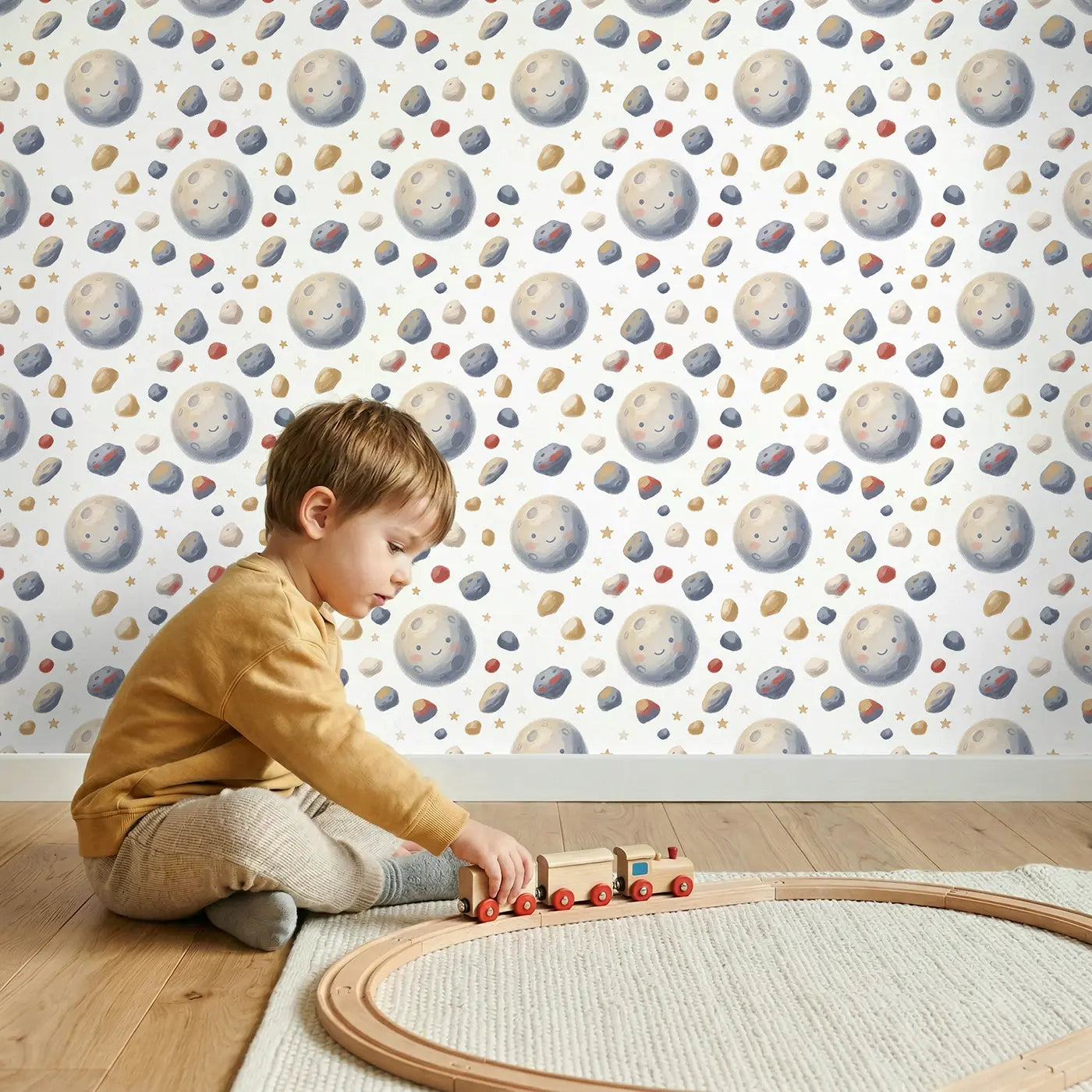 Asteroid Belt Rocks Soft Pastel wallpaper in styled kids room - Whimsy Tots