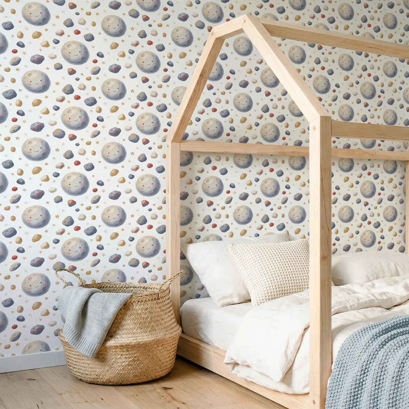 Asteroid Belt Rocks Soft Pastel wallpaper in Scandinavian nursery - Whimsy Tots