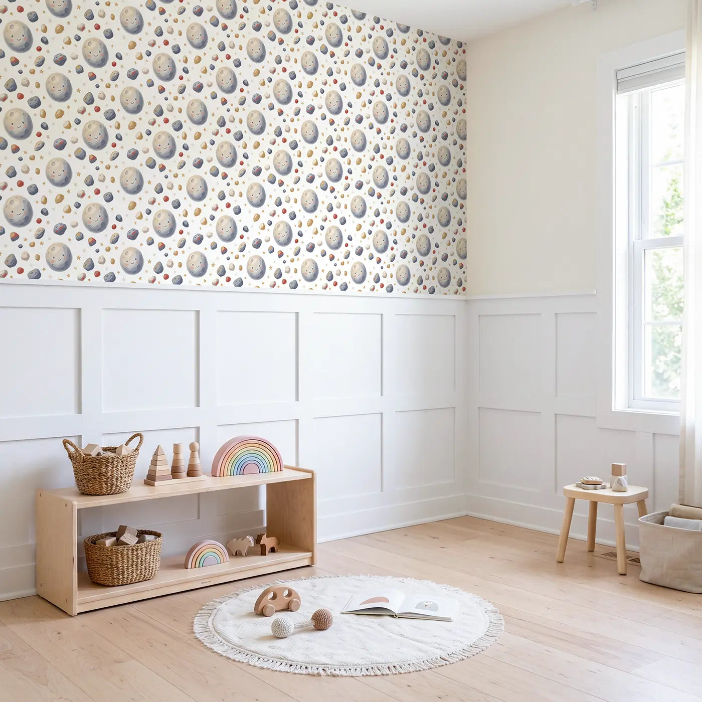 Asteroid Belt Rocks Soft Pastel wallpaper above wainscoting - Whimsy Tots