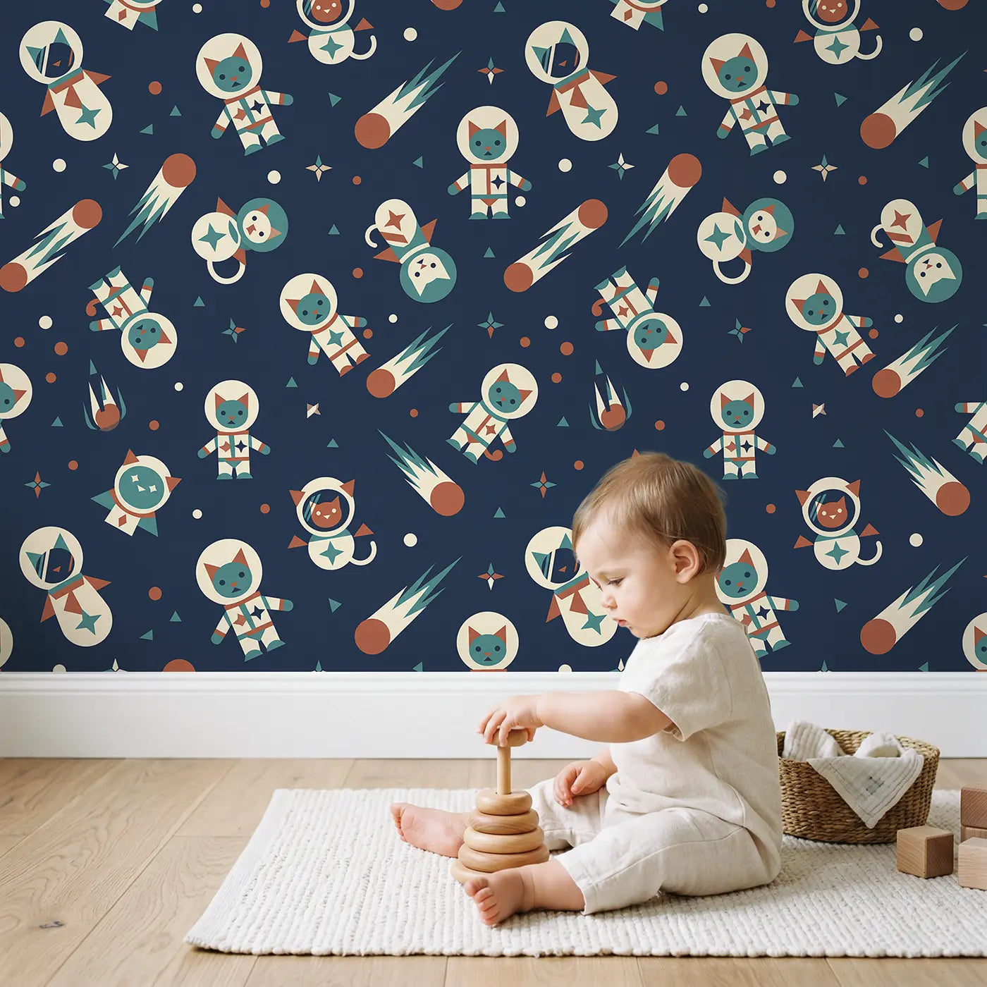 Astronaut Cat Spacesuit Geometric wallpaper in styled kids room - Whimsy Tots