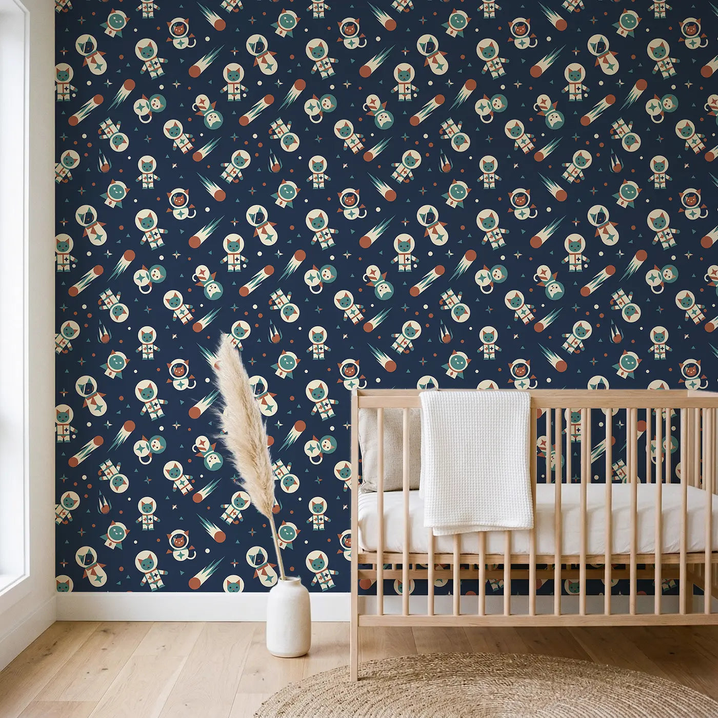Astronaut Cat Spacesuit Geometric wallpaper in Scandinavian nursery - Whimsy Tots