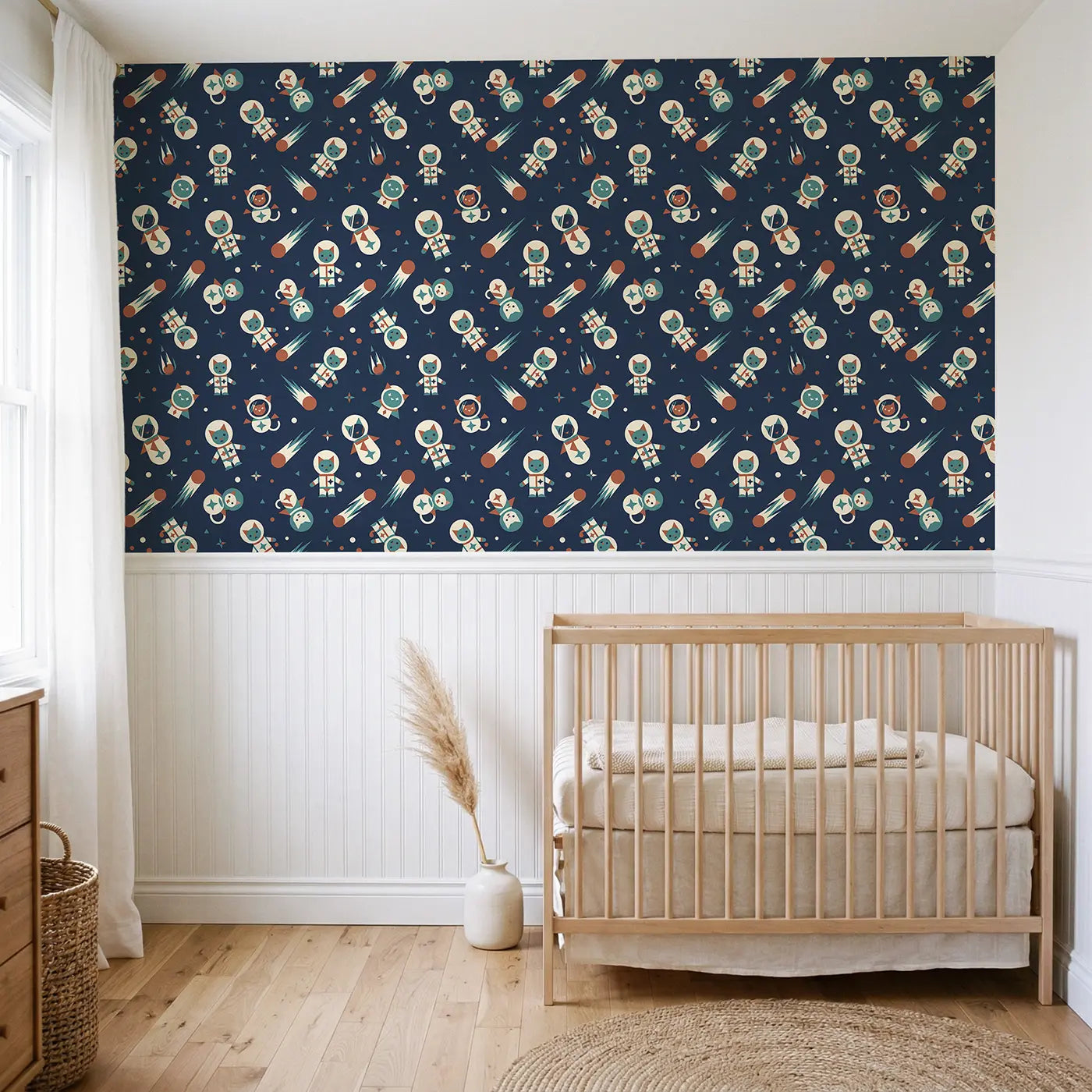 Astronaut Cat Spacesuit Geometric wallpaper above wainscoting - Whimsy Tots