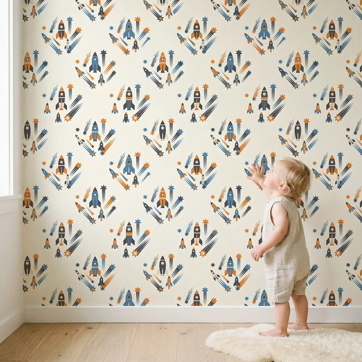 Rocket Cluster Geometric wallpaper in styled kids room - Whimsy Tots