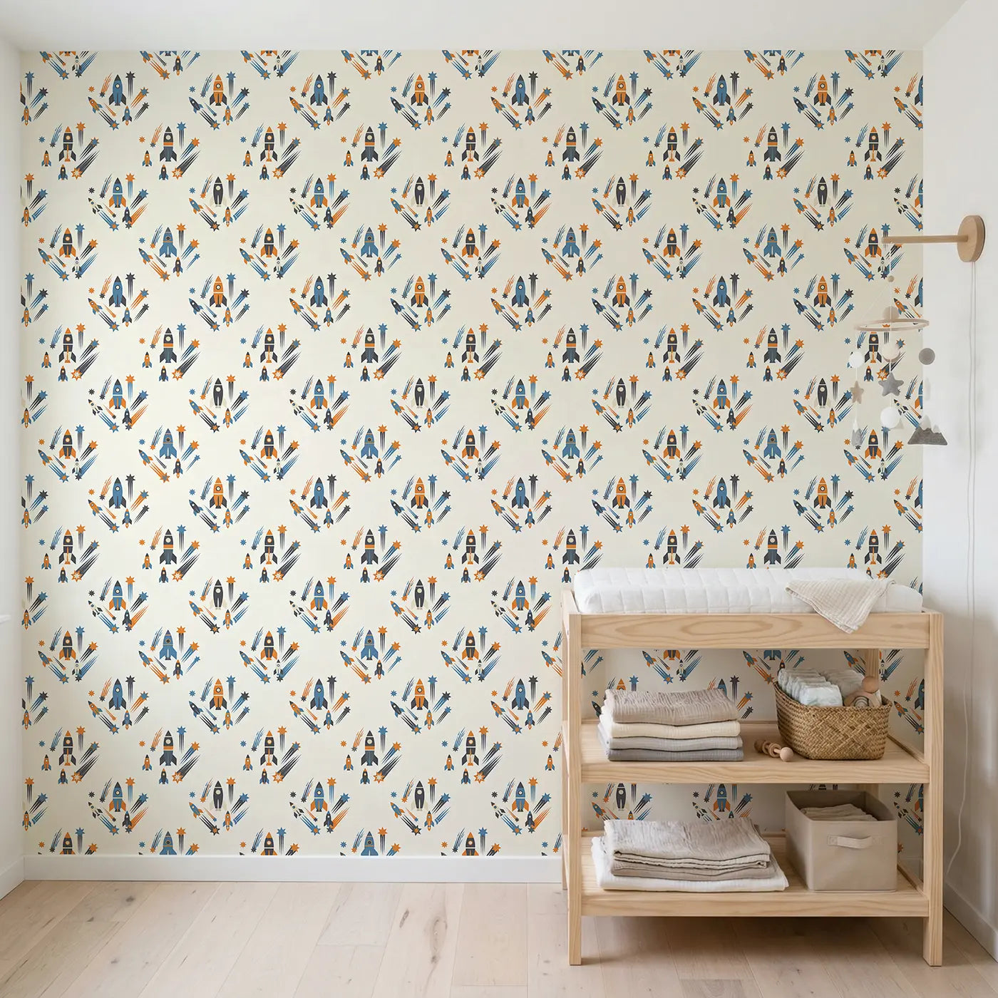 Rocket Cluster Geometric wallpaper in Scandinavian nursery - Whimsy Tots