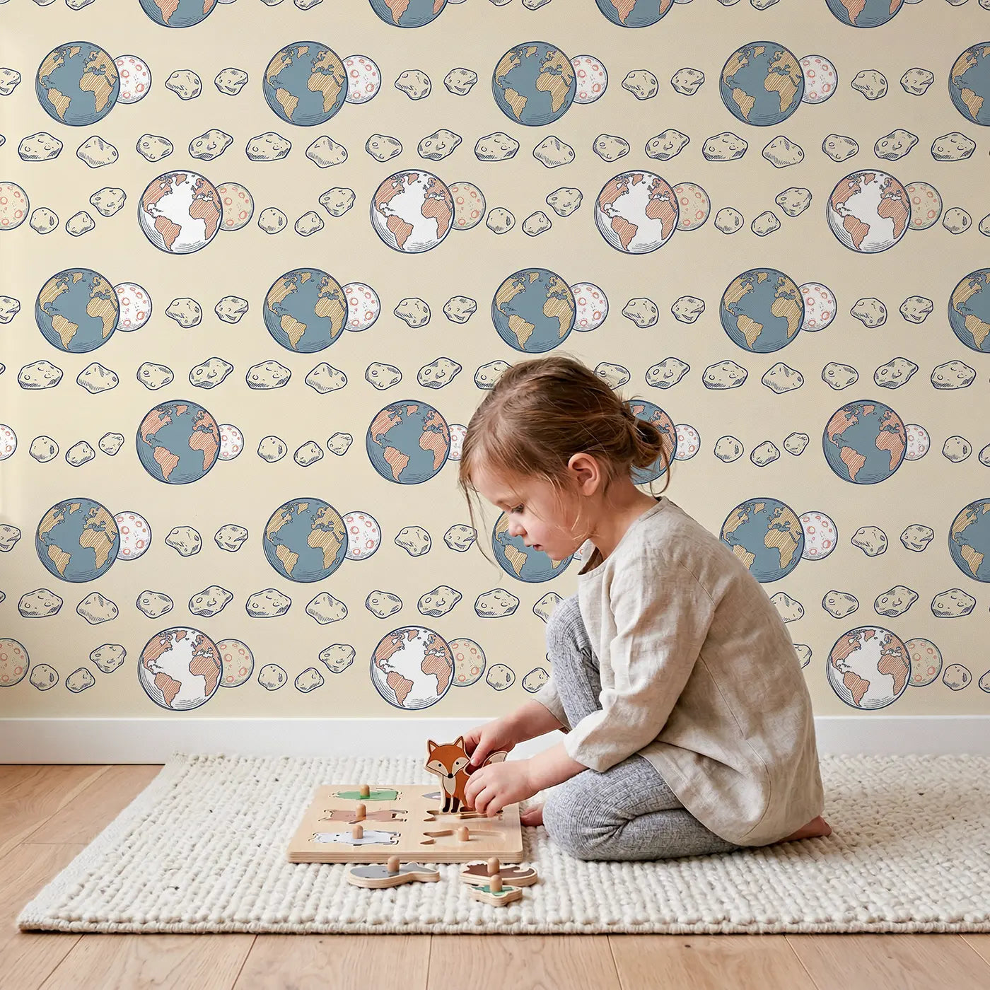 Earth Moon Pairs Hand-Drawn wallpaper in styled kids room - Whimsy Tots