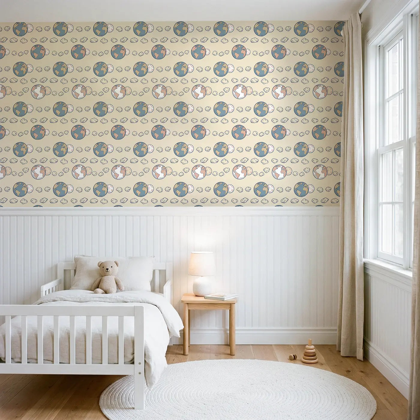 Earth Moon Pairs Hand-Drawn wallpaper above wainscoting - Whimsy Tots