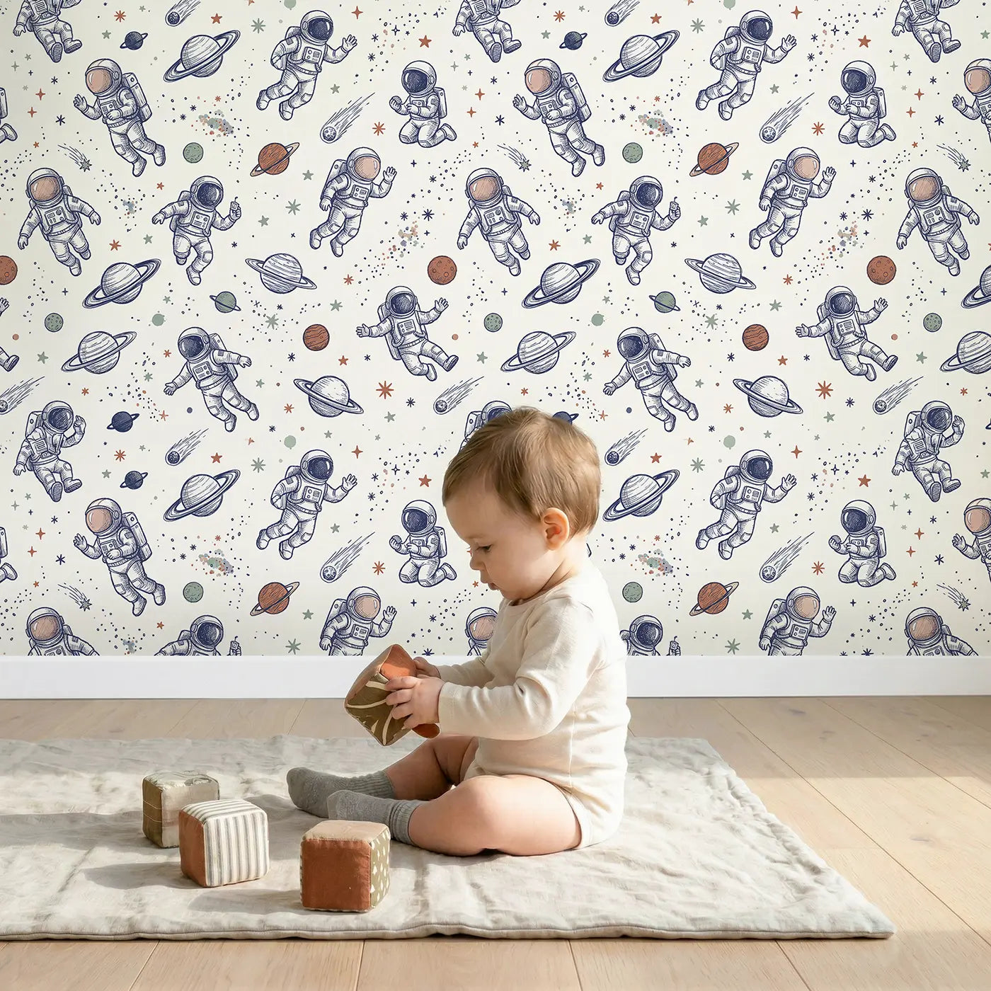 Friendly Astronauts Hand-Drawn wallpaper in styled kids room - Whimsy Tots