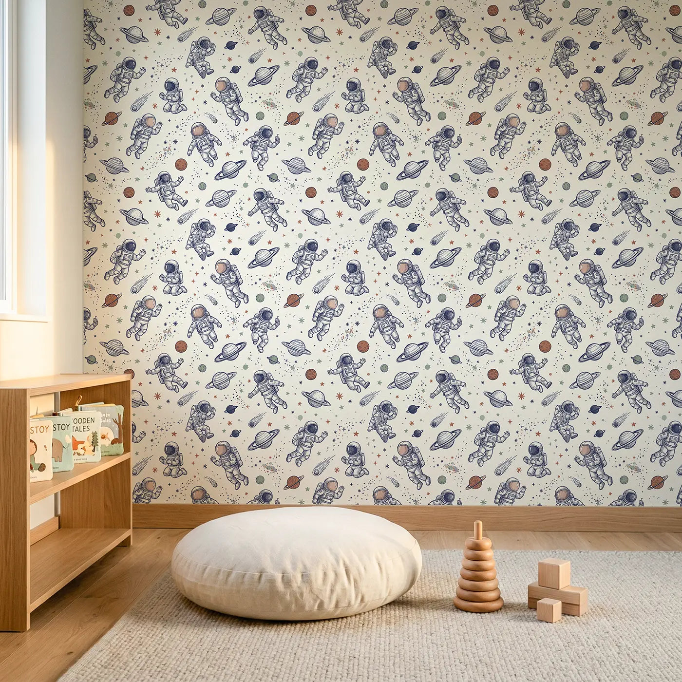 Friendly Astronauts Hand-Drawn wallpaper in Scandinavian nursery - Whimsy Tots