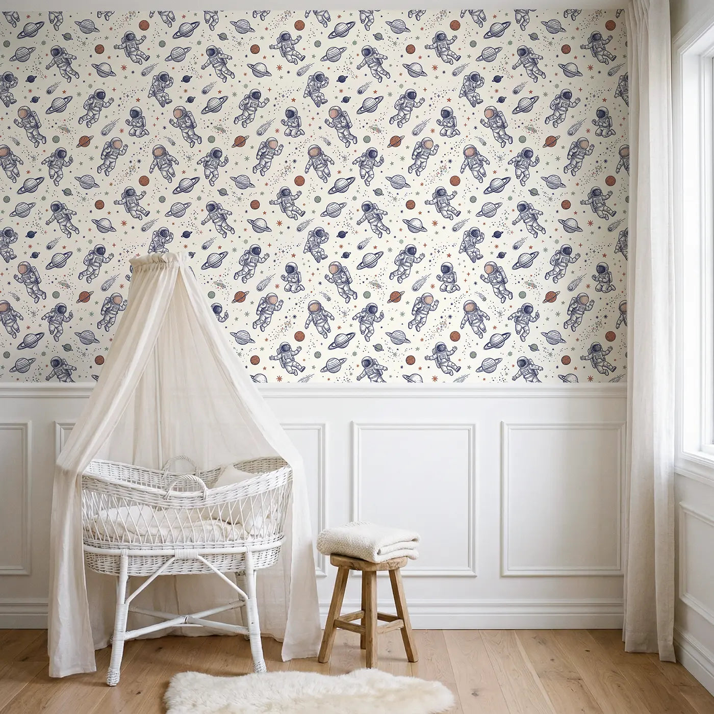 Friendly Astronauts Hand-Drawn wallpaper above wainscoting - Whimsy Tots