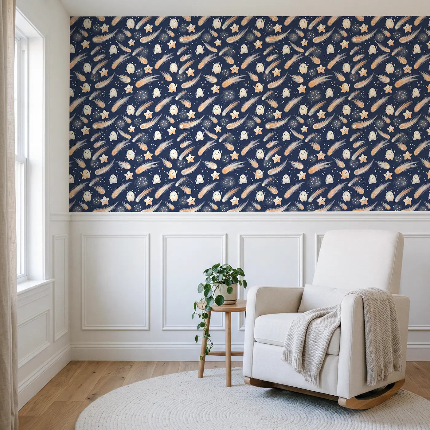 Alien Friends Soft Pastel wallpaper above wainscoting - Whimsy Tots