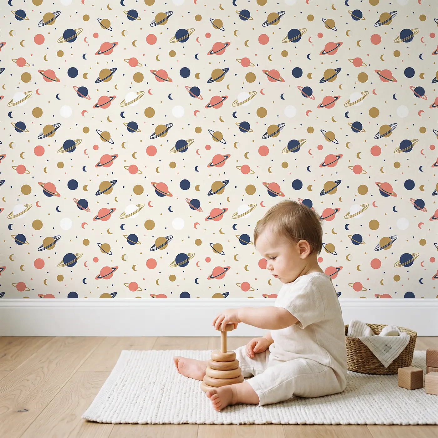 Tiny Planet Geometric wallpaper in styled kids room - Whimsy Tots