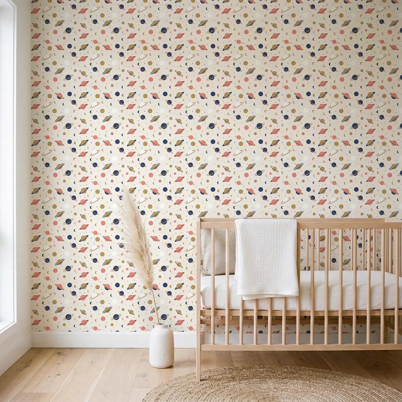 Tiny Planet Geometric wallpaper in Scandinavian nursery - Whimsy Tots