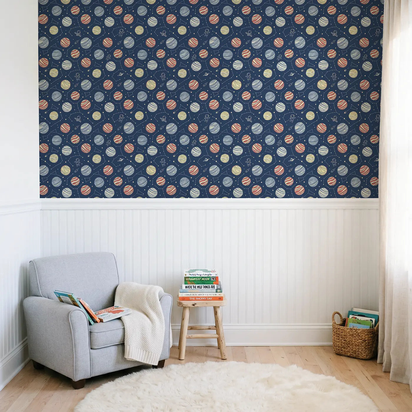 Gas Giant Swirl Hand-Drawn II wallpaper above wainscoting - Whimsy Tots