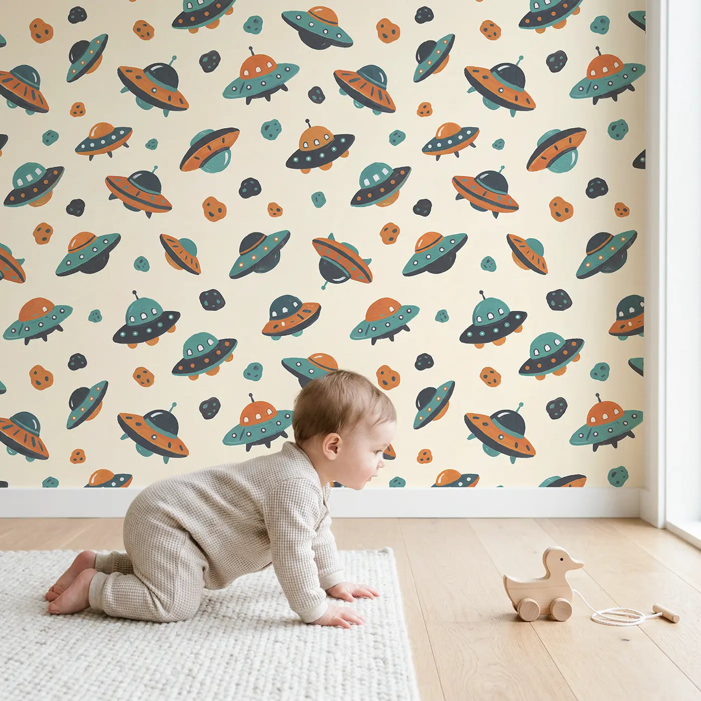 Friendly Ufos Modern Illustration wallpaper in styled kids room - Whimsy Tots
