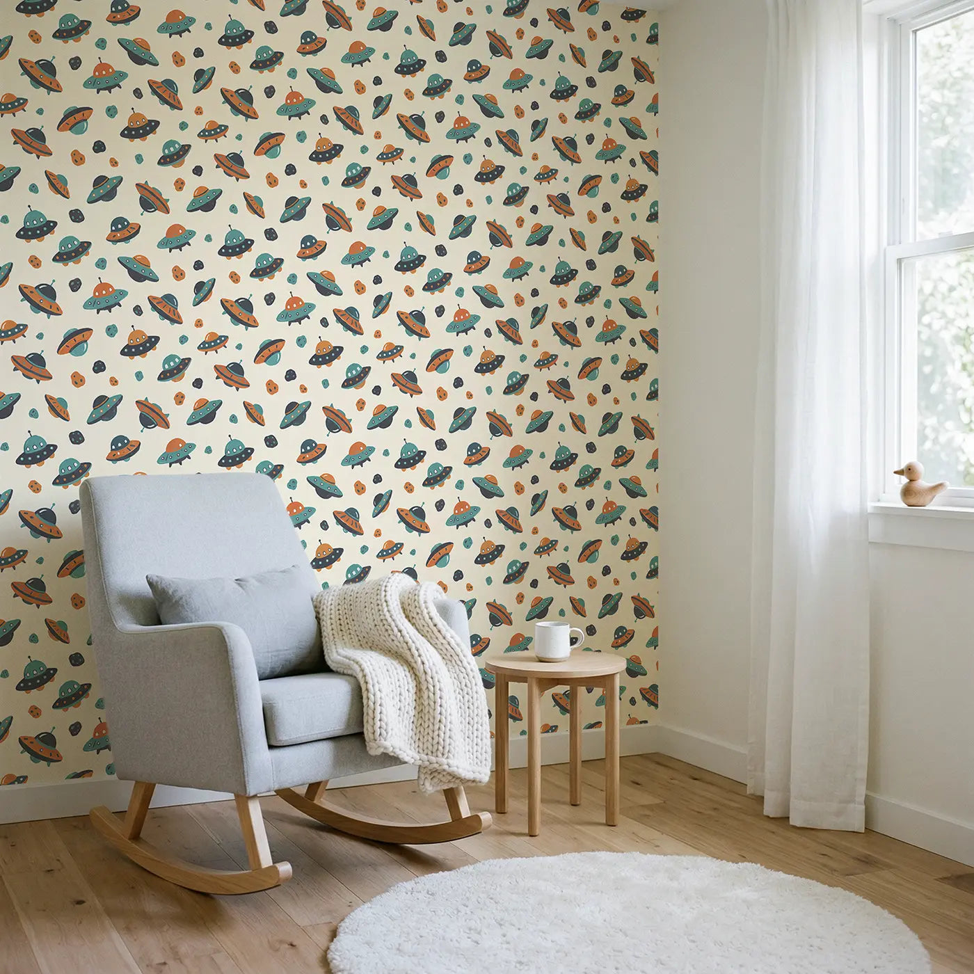 Friendly Ufos Modern Illustration wallpaper in Scandinavian nursery - Whimsy Tots