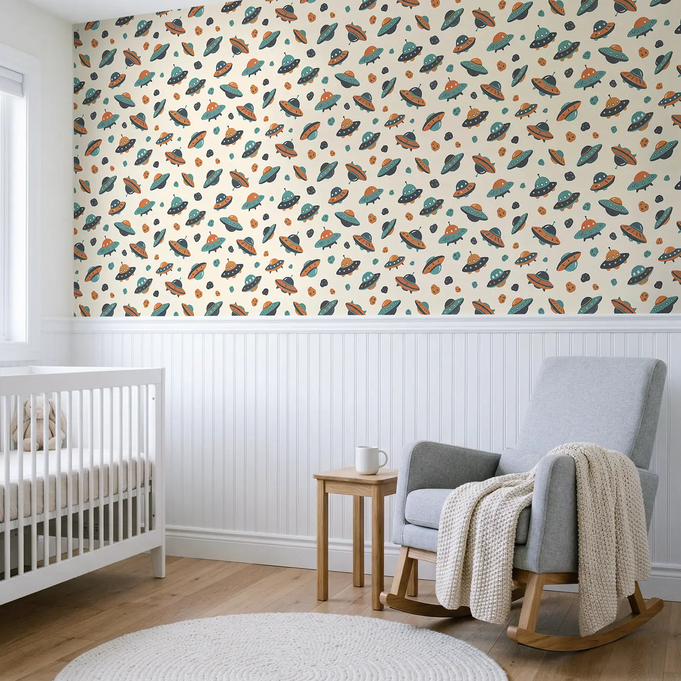 Friendly Ufos Modern Illustration wallpaper above wainscoting - Whimsy Tots