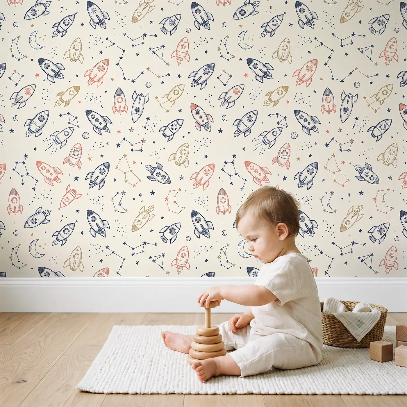 Chunky Toy Rockets Hand-Drawn wallpaper in styled kids room - Whimsy Tots
