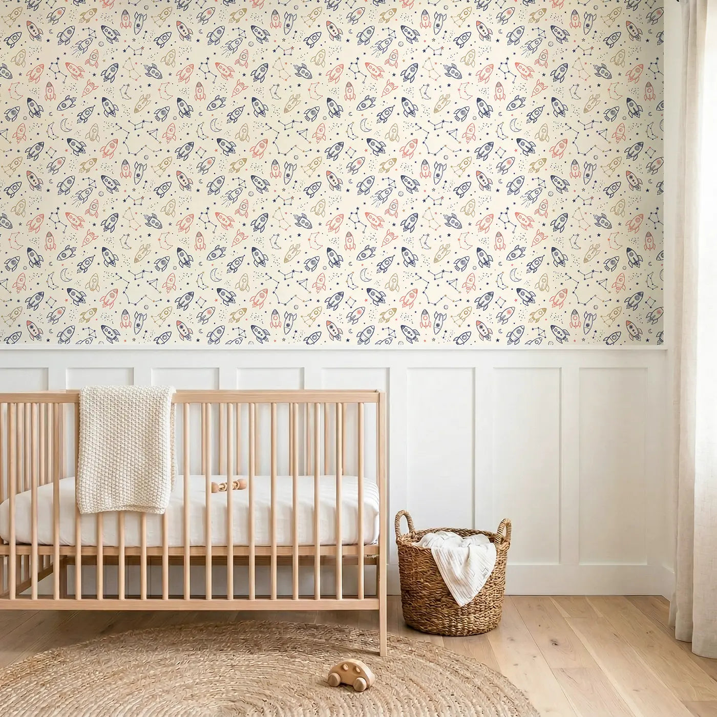 Chunky Toy Rockets Hand-Drawn wallpaper above wainscoting - Whimsy Tots