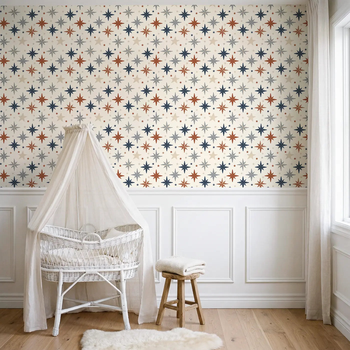 North Star Compass Modern Illustration wallpaper above wainscoting - Whimsy Tots