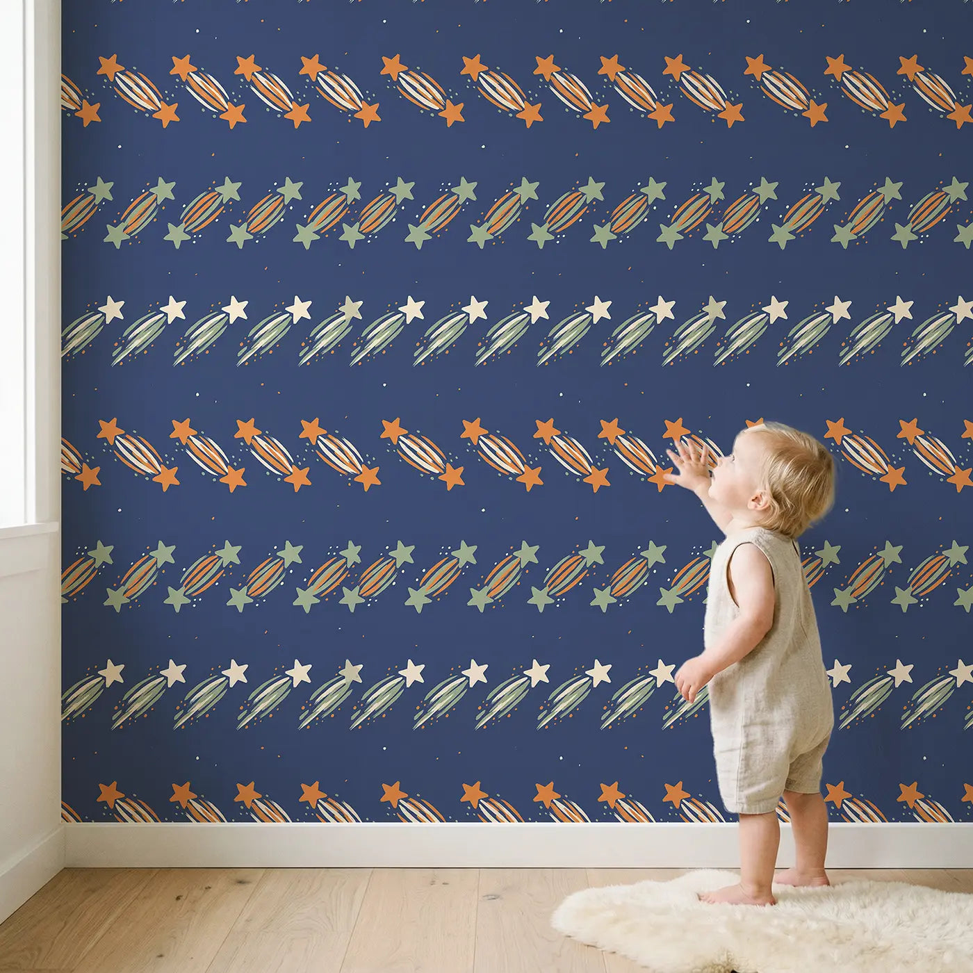 Shooting Stars Trailing Modern Illustration wallpaper in styled kids room - Whimsy Tots