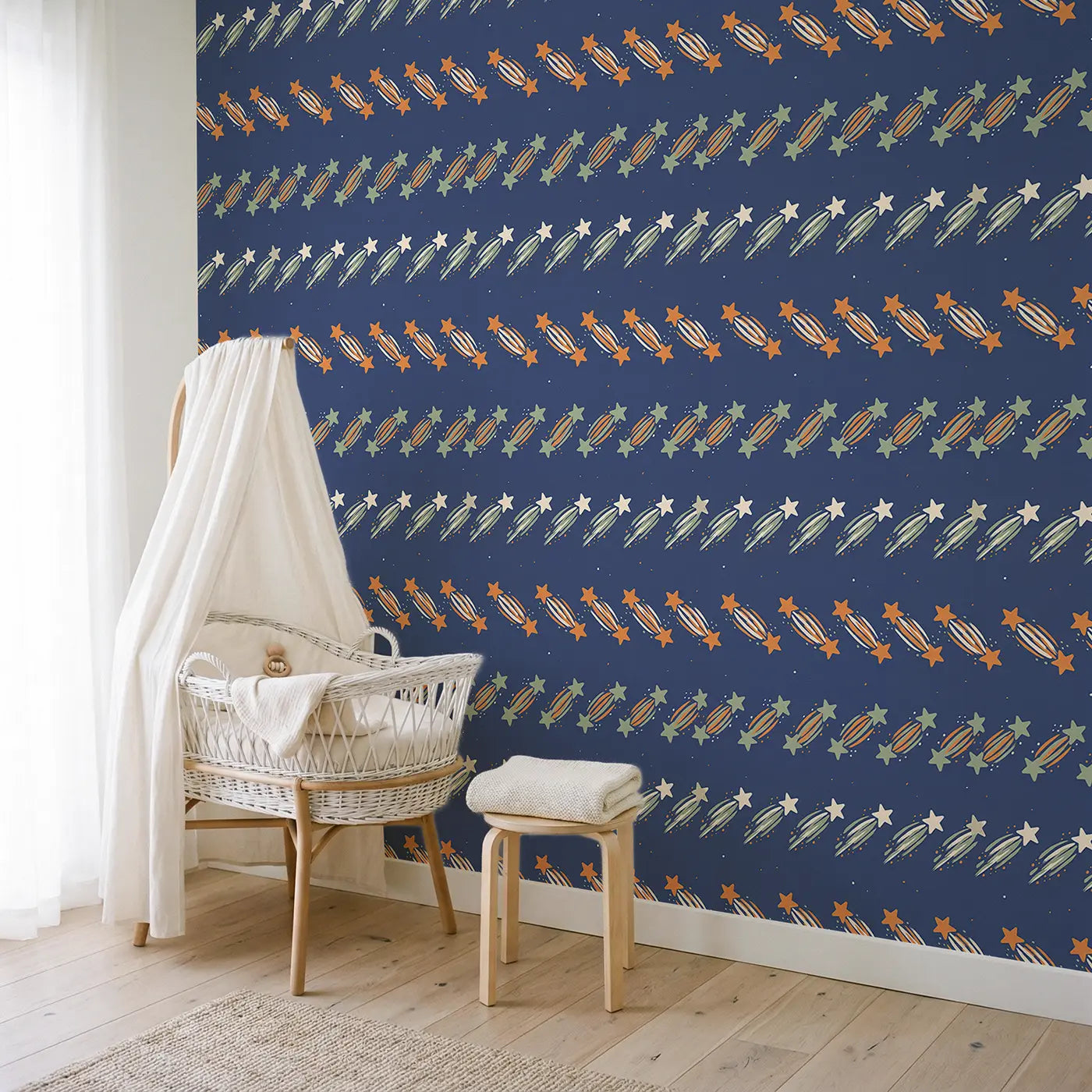 Shooting Stars Trailing Modern Illustration wallpaper in Scandinavian nursery - Whimsy Tots