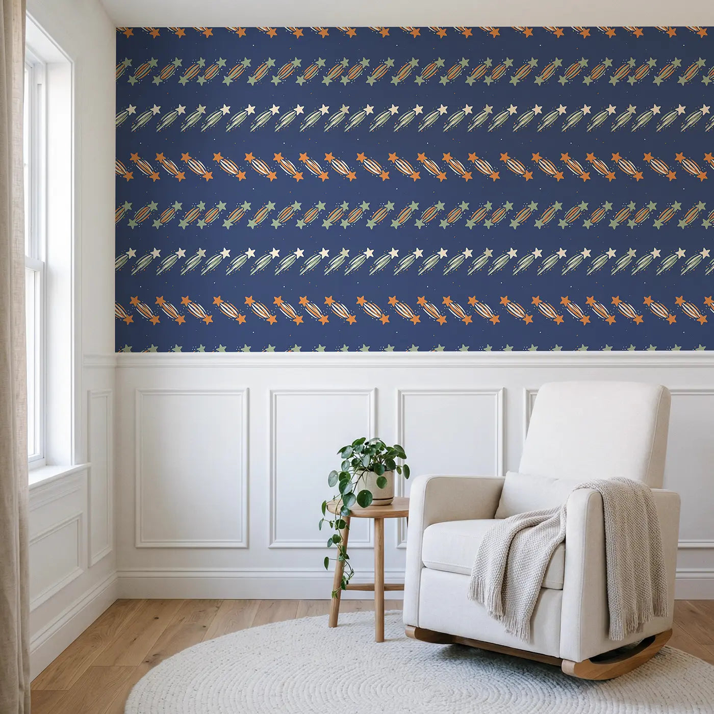 Shooting Stars Trailing Modern Illustration wallpaper above wainscoting - Whimsy Tots