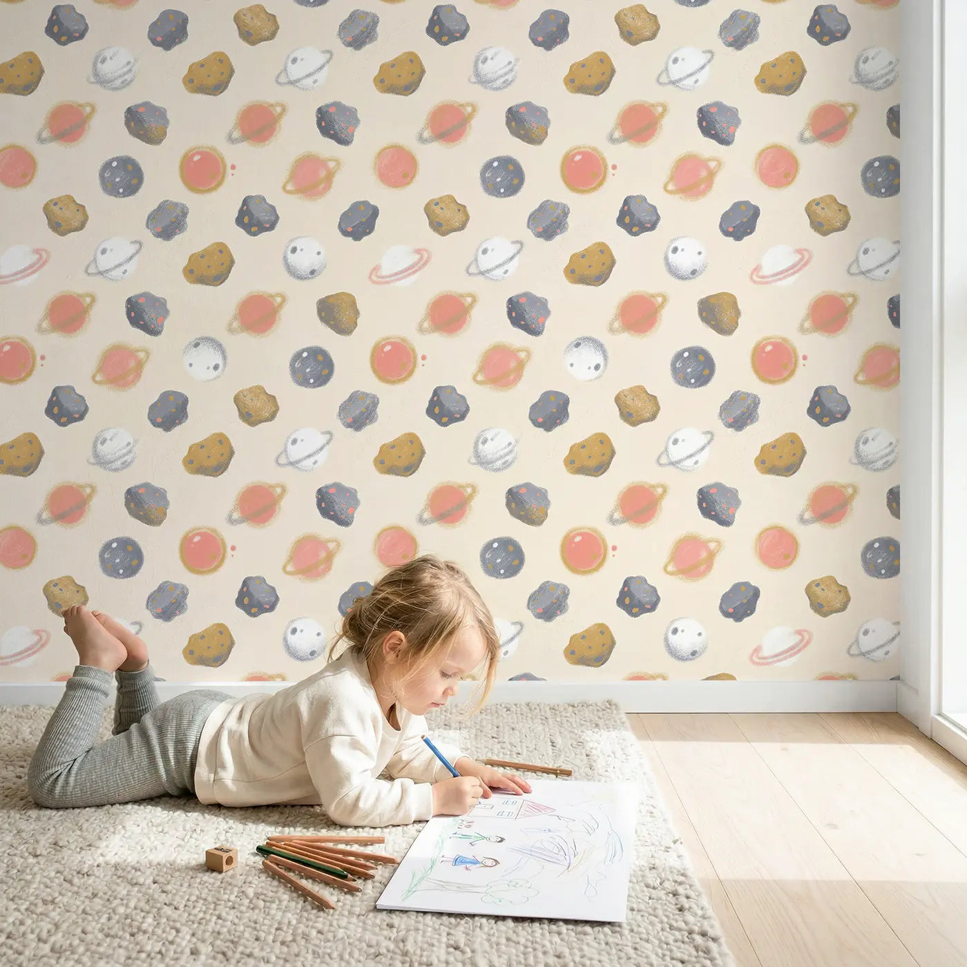 Asteroid Belt Rocks Soft Pastel II wallpaper in styled kids room - Whimsy Tots
