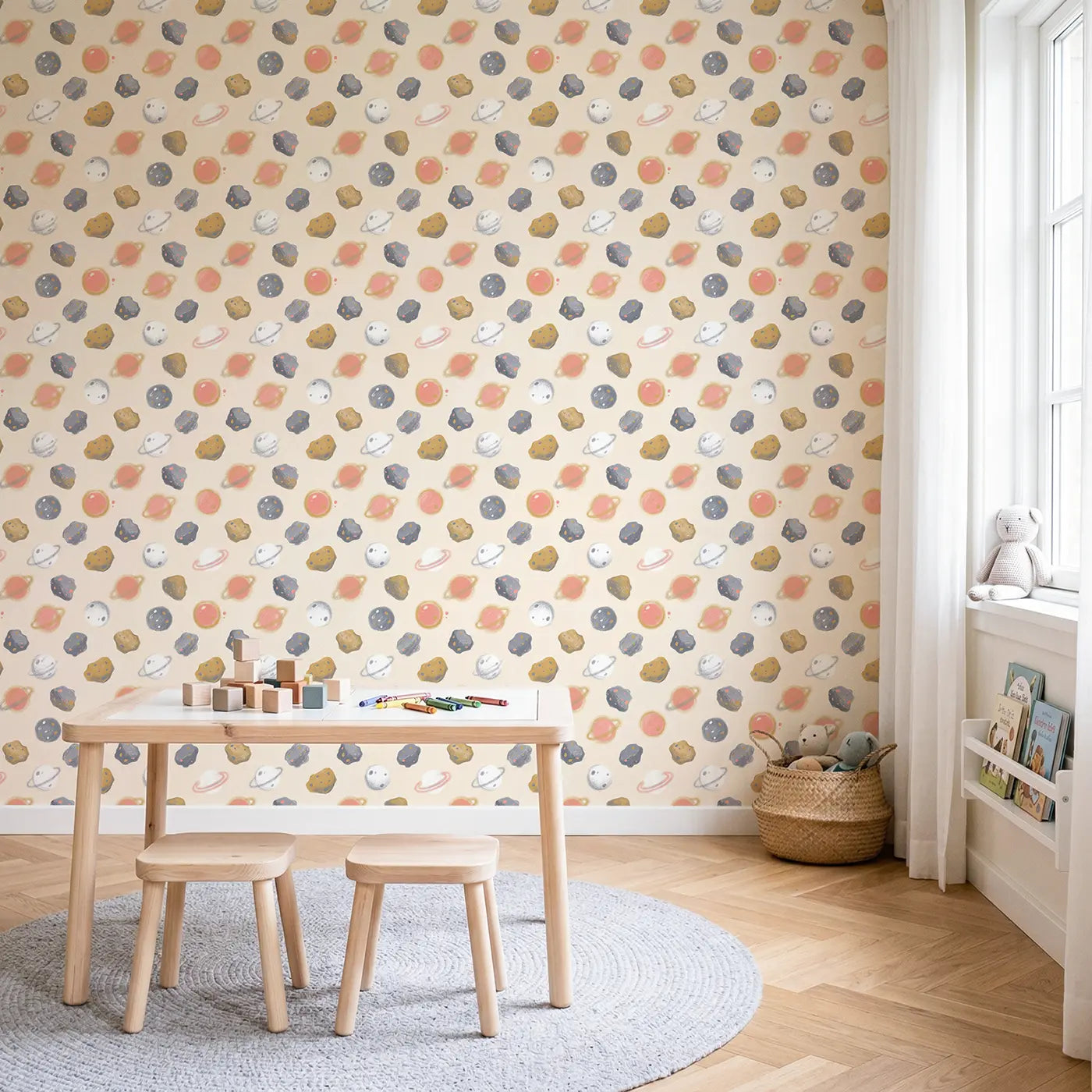Asteroid Belt Rocks Soft Pastel II wallpaper in Scandinavian nursery - Whimsy Tots