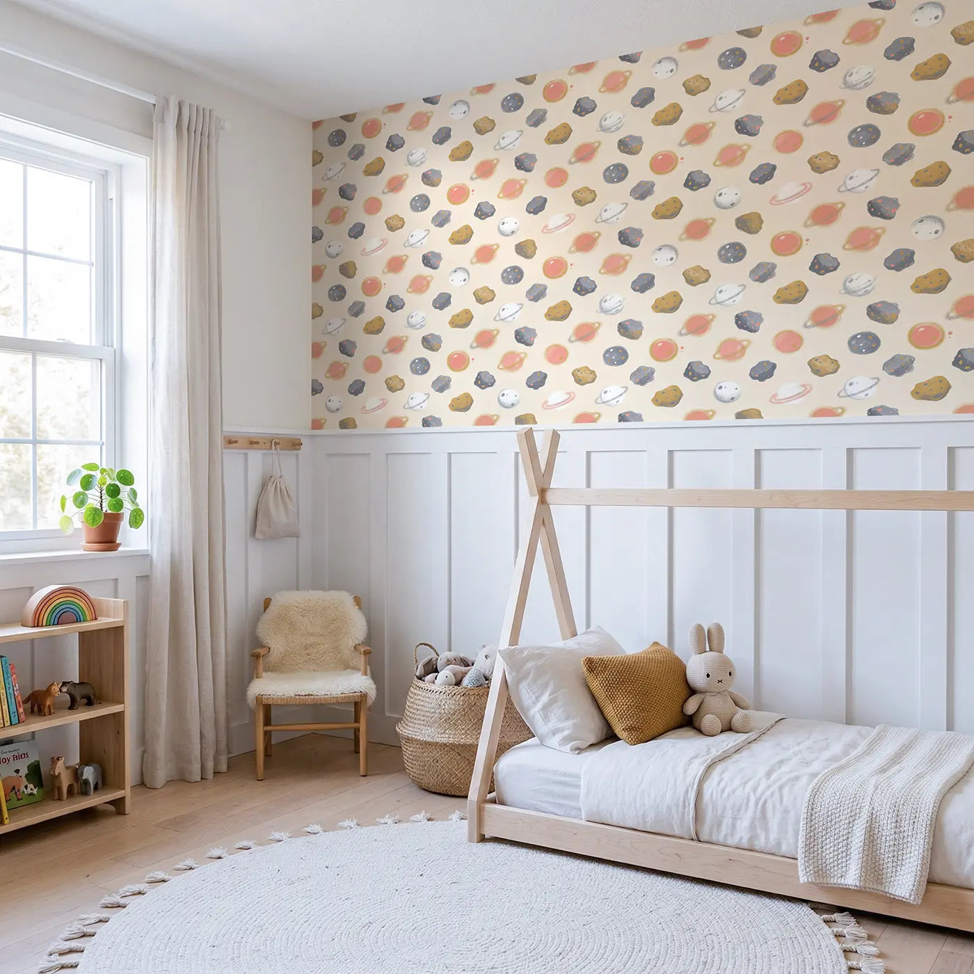 Asteroid Belt Rocks Soft Pastel II wallpaper above wainscoting - Whimsy Tots