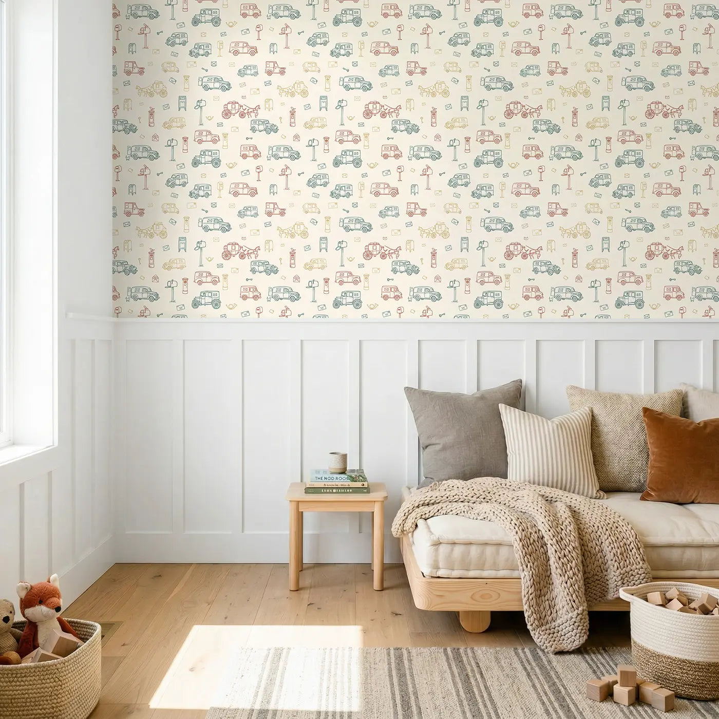 Vintage Postal Hand-Drawn wallpaper above wainscoting - Whimsy Tots