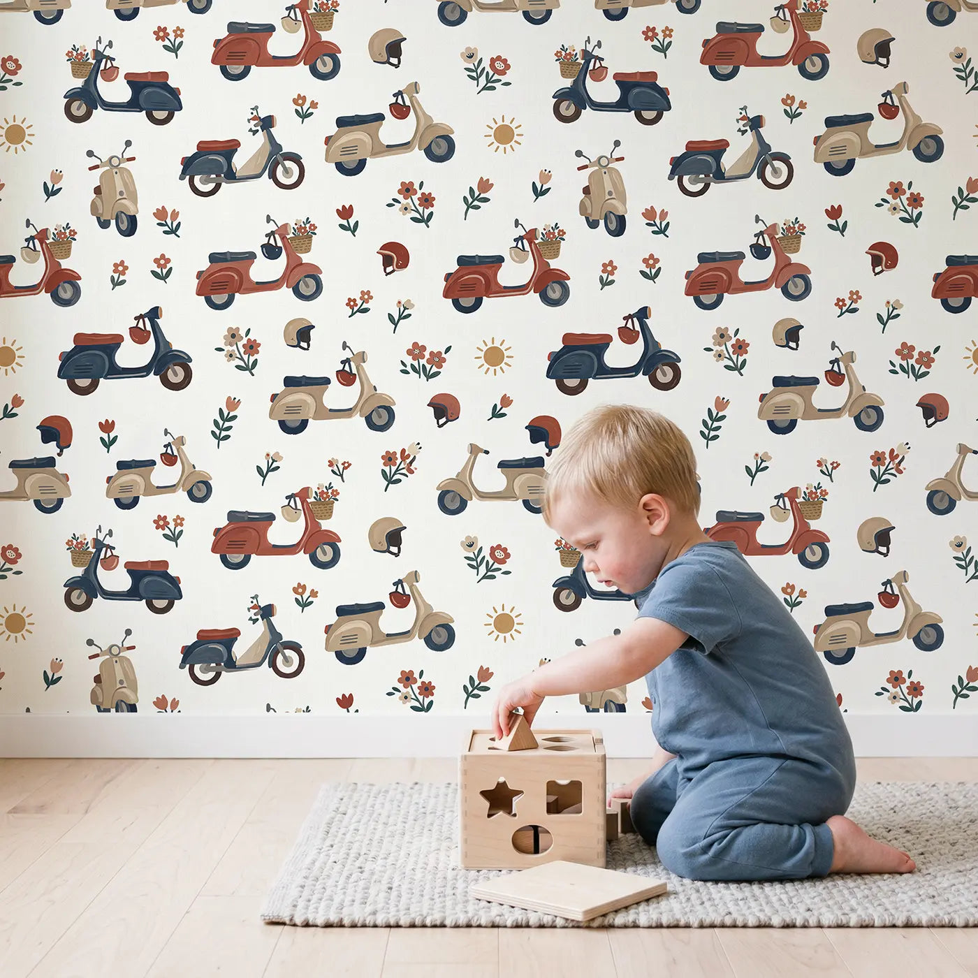 Retro Scooters Modern Illustration wallpaper in styled kids room - Whimsy Tots