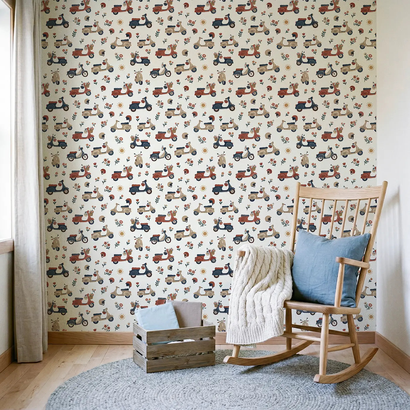 Retro Scooters Modern Illustration wallpaper in Scandinavian nursery - Whimsy Tots