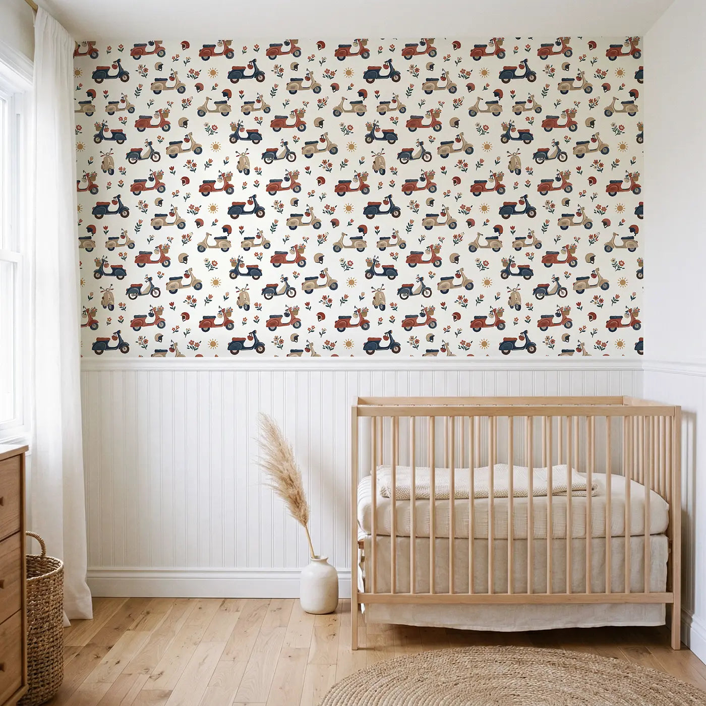 Retro Scooters Modern Illustration wallpaper above wainscoting - Whimsy Tots